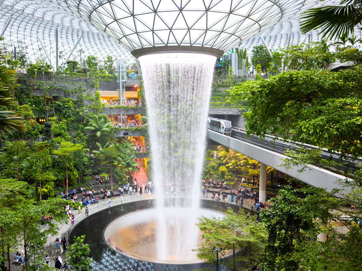 Indoor waterfall at the Jewel shopping complex at Singapore Changi Airport