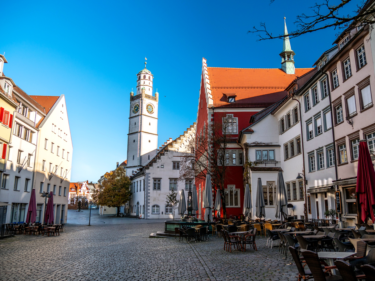 Cobblestone streets and sidewalk cafes in Ravensburg, Germany