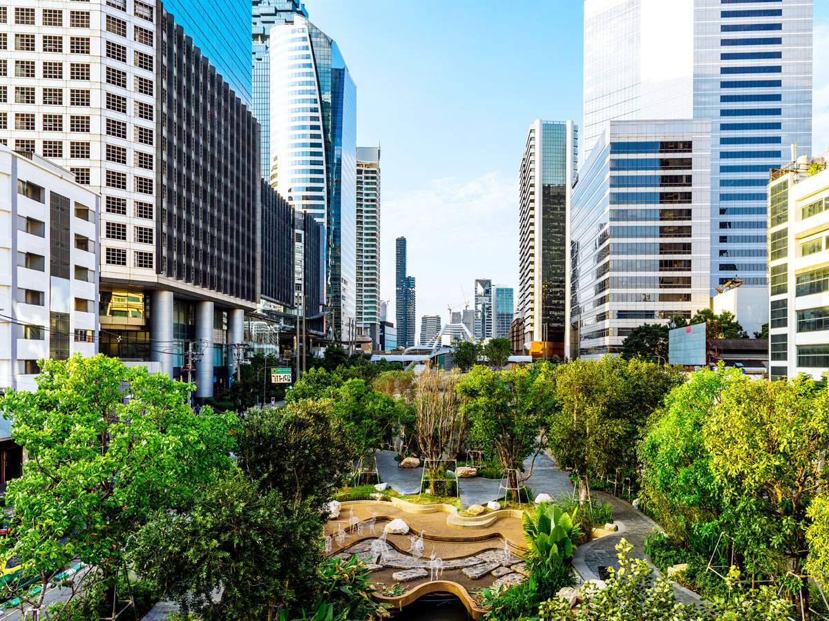 Park amid skyscrapers in Bangkok, Thailand