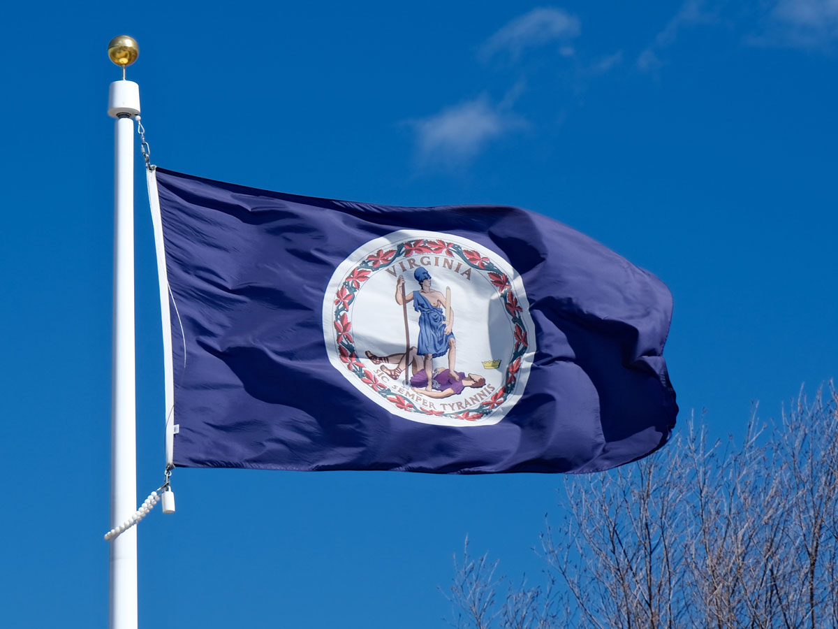 Virginia flag flying above treetops