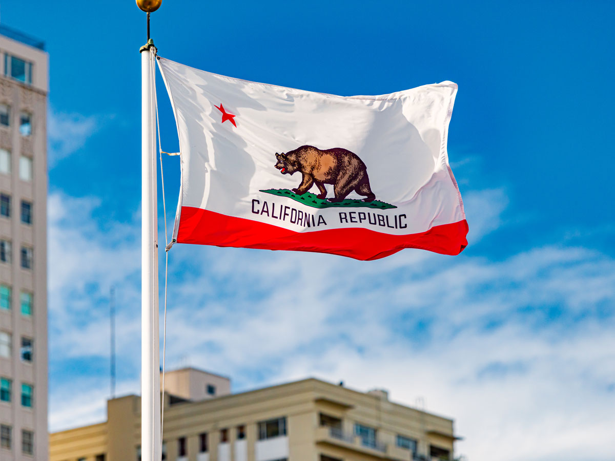 California flag with high-rise buildings in background