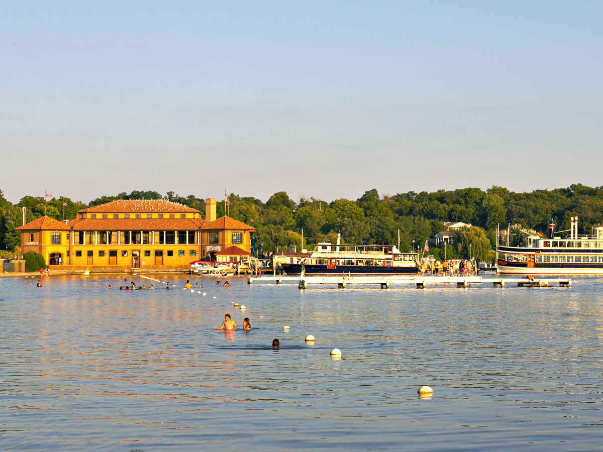 Swimmers off Riviera Beach in Lake Geneva, Wisconsin