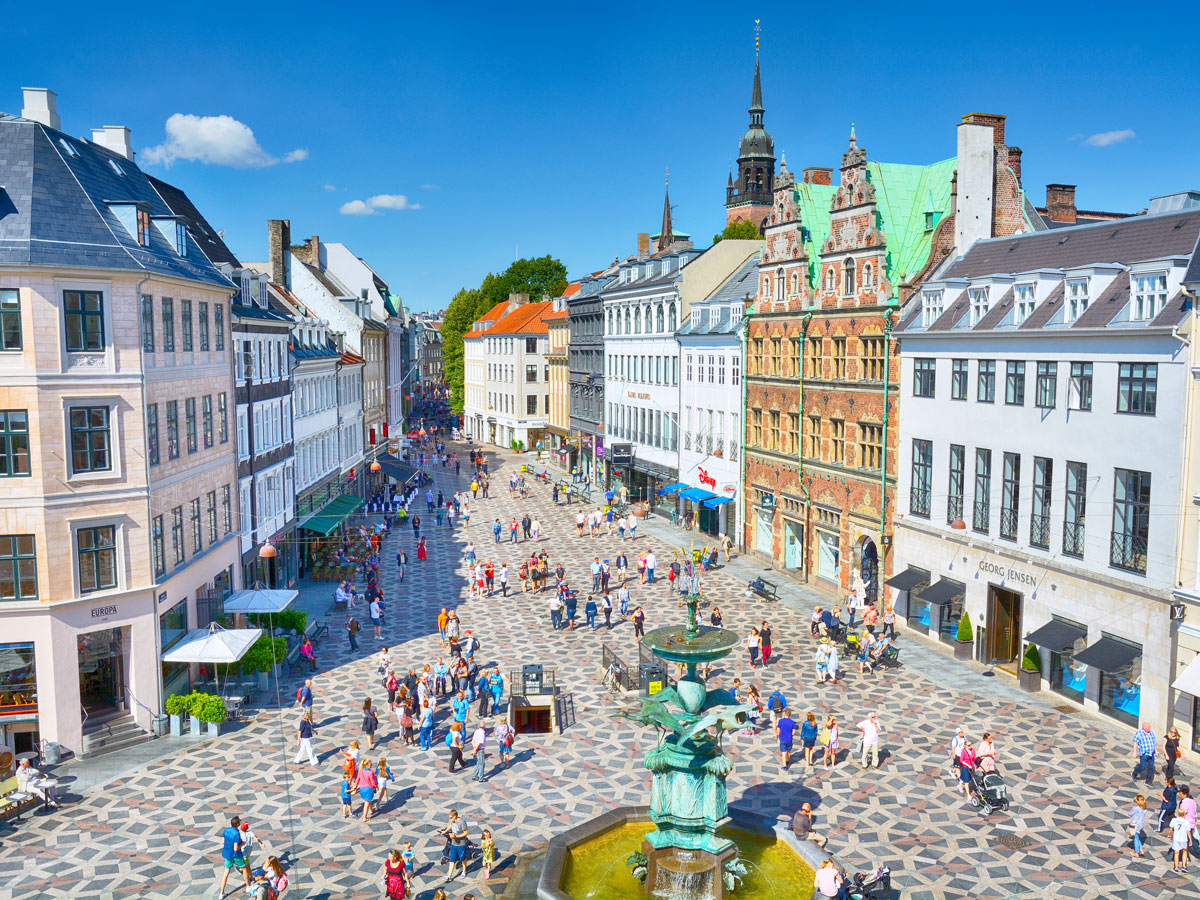 Aerial view of pedestrian mall in Copenhagen, Denmark