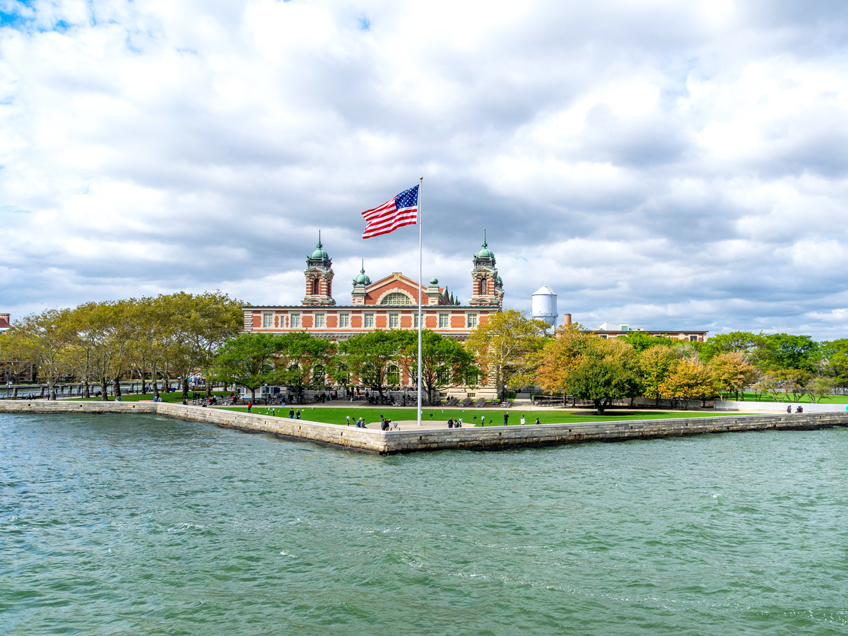 Flag flying over Ellis Island