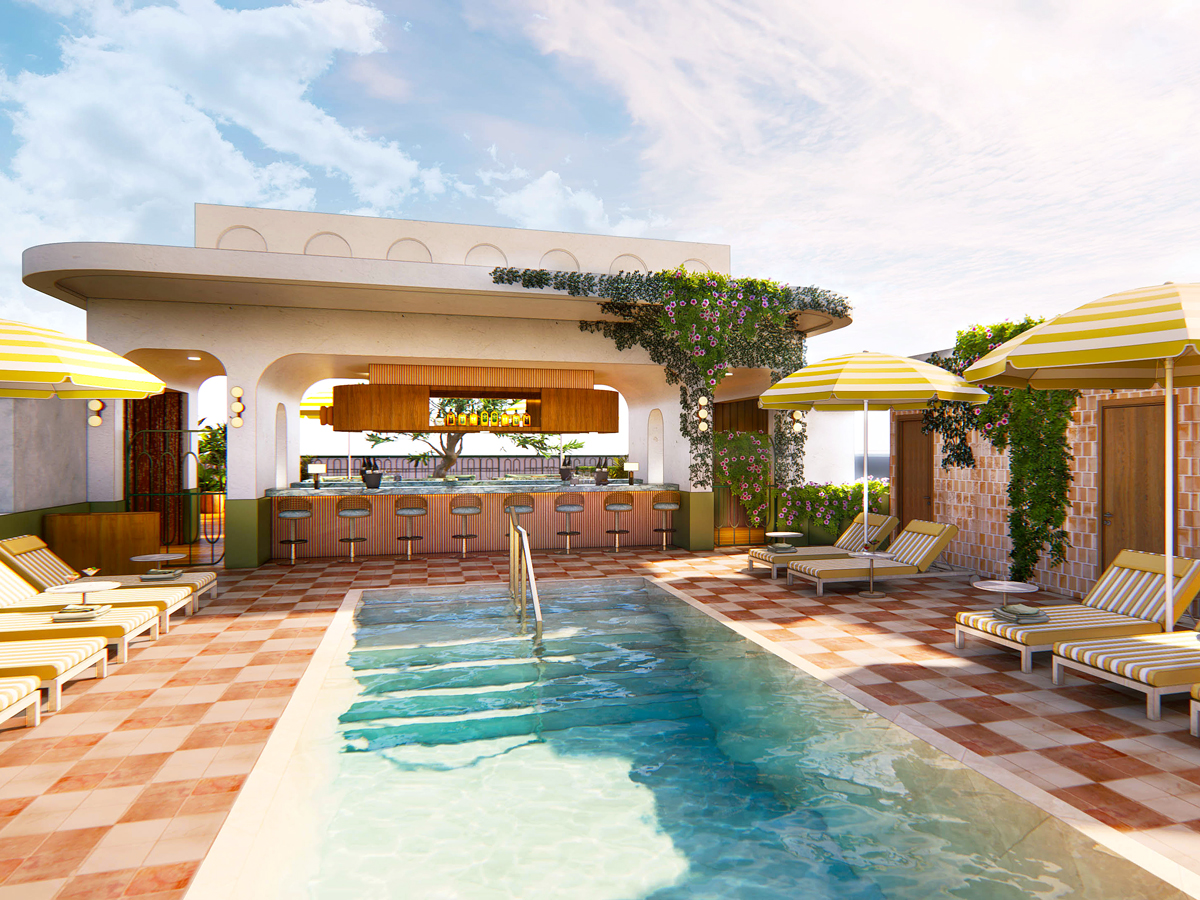Rendering of pool and bar area at the Recess Hotel in Savannah, Georgia