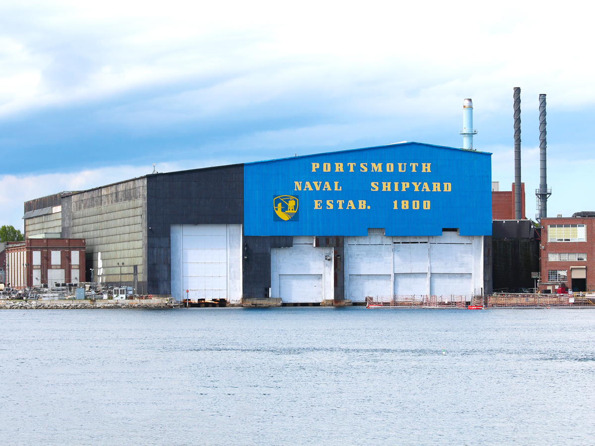 Portsmouth Naval Shipyard seen from riverbank