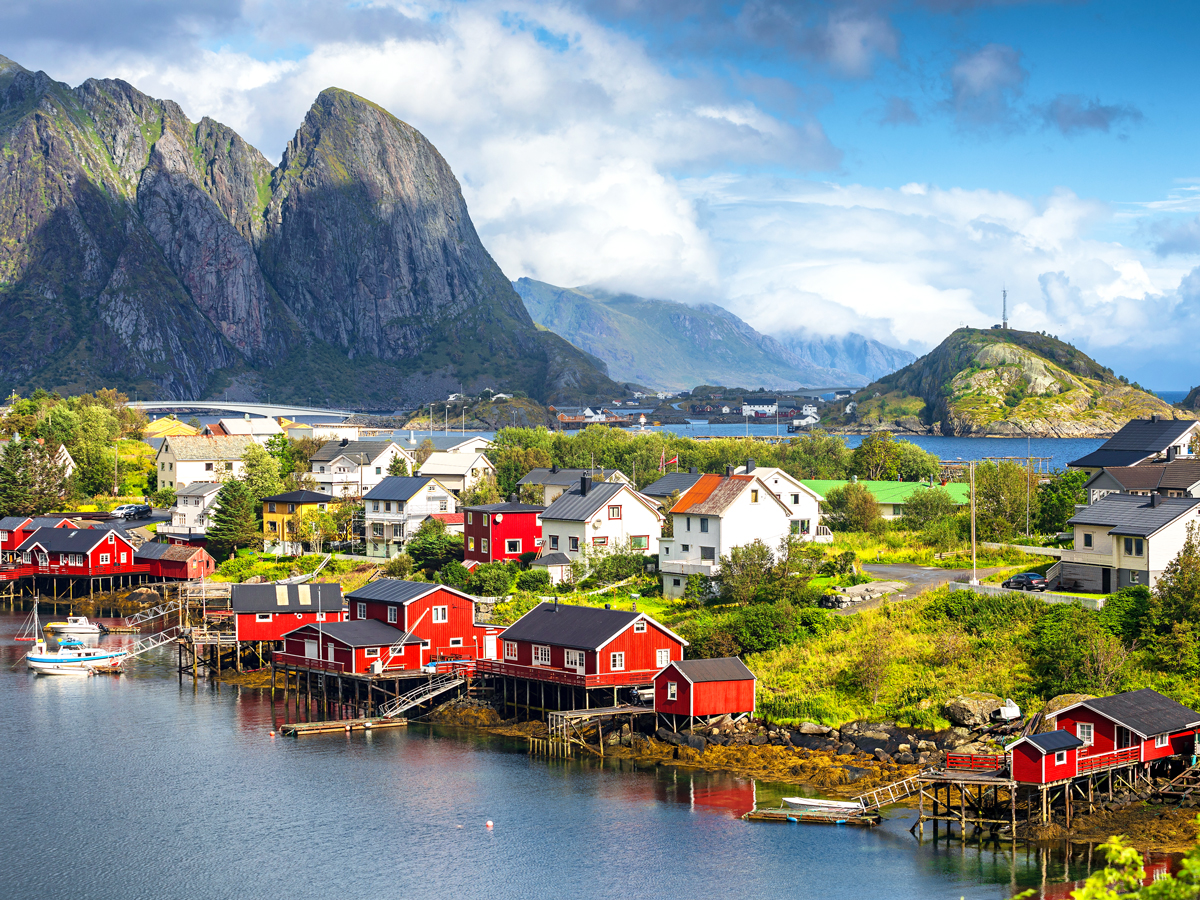 Aerial view of a fishing village in the Lofoten Islands of Norway