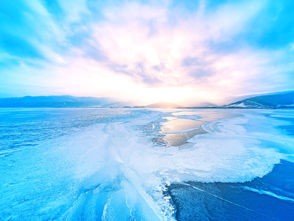 Aerial view of the frozen surface of Lake Baikal