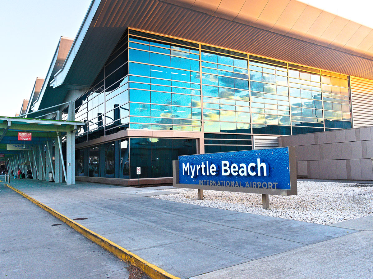 Sign outside terminal for Myrtle Beach International Airport in South Carolina