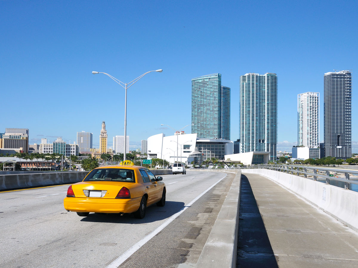 Taxi driving on highway in Miami, Florida