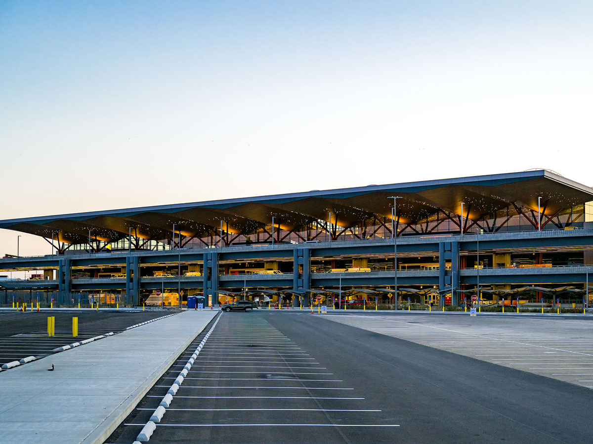 Exterior of new terminal building seen from parking lot at Pittsburgh International Airport