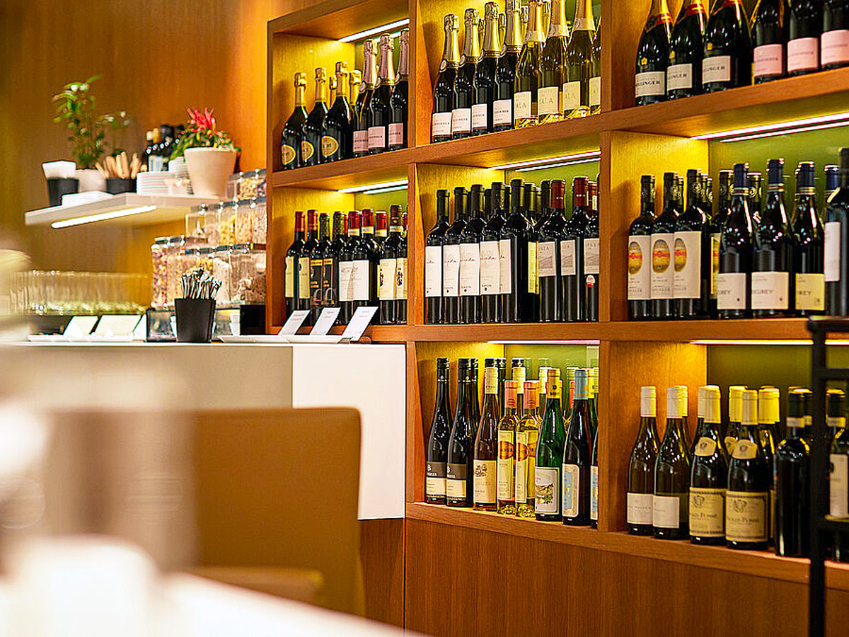 Well-stocked bar at the Lufthansa First Class Terminal in Frankfurt, Germany