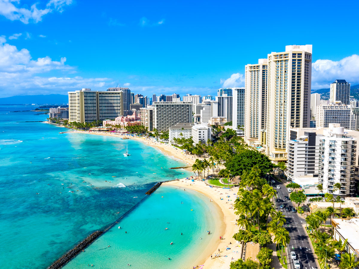Aerial view of Waikiki Beach in Honolulu, Hawaii