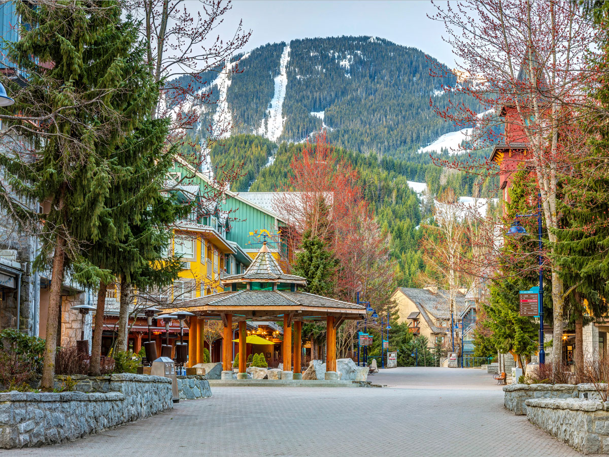 Main village with view of slopes in Whistler, British Columbia