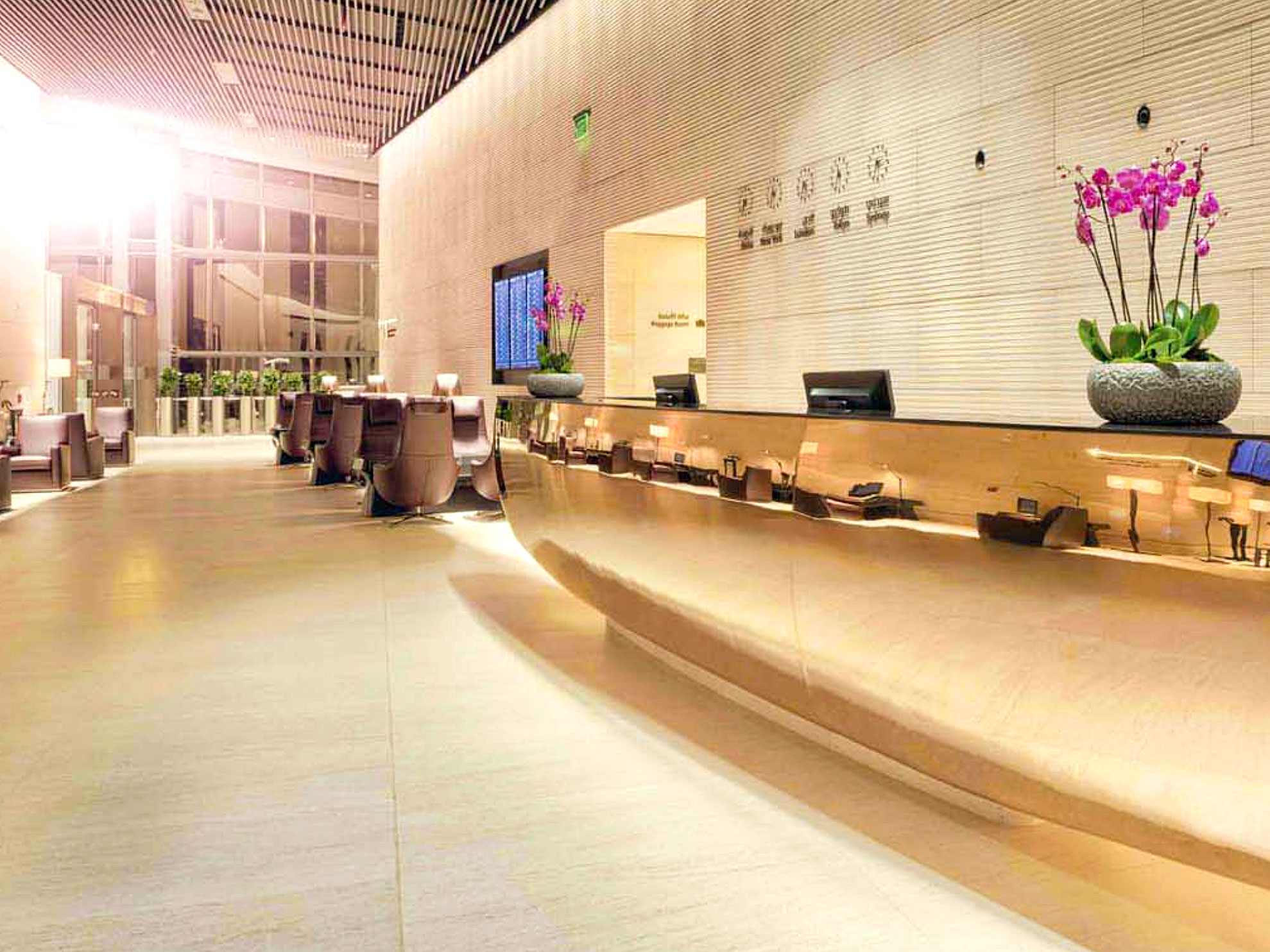 Check-in area for the Qatar Airways Al Safwa First Class Lounge in Doha, Qatar