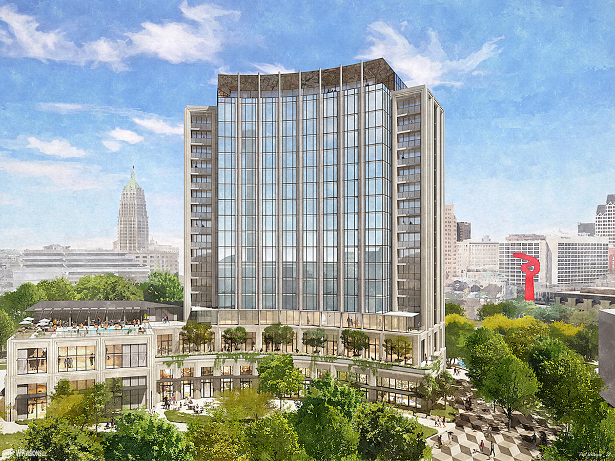 Rendering of the Monarch hotel against the San Antonio skyline