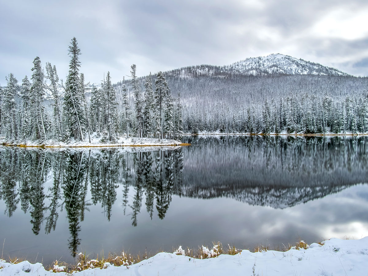 Snowy mountain and lake in Wyoming