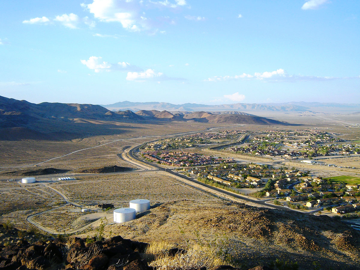 Aerial view of Fort Irwin, California, surrounded by mountains