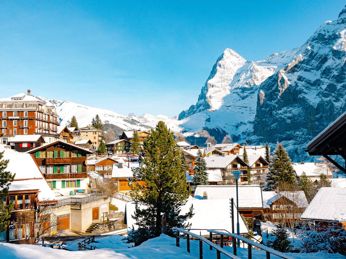 Snowy village of Mürren, Switzerland, surrounded by the Alps