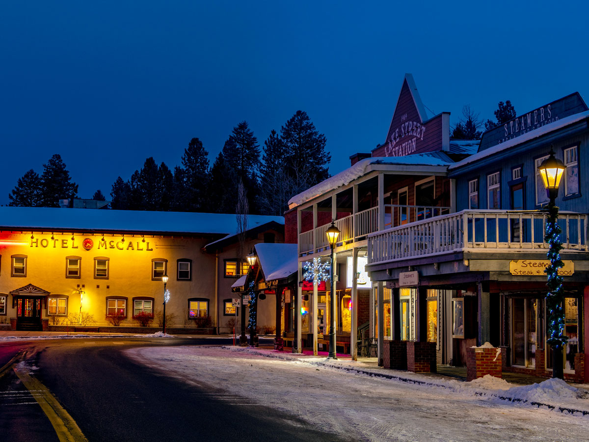 Hotel McCall in McCall, Idaho, on snowy winter evening 