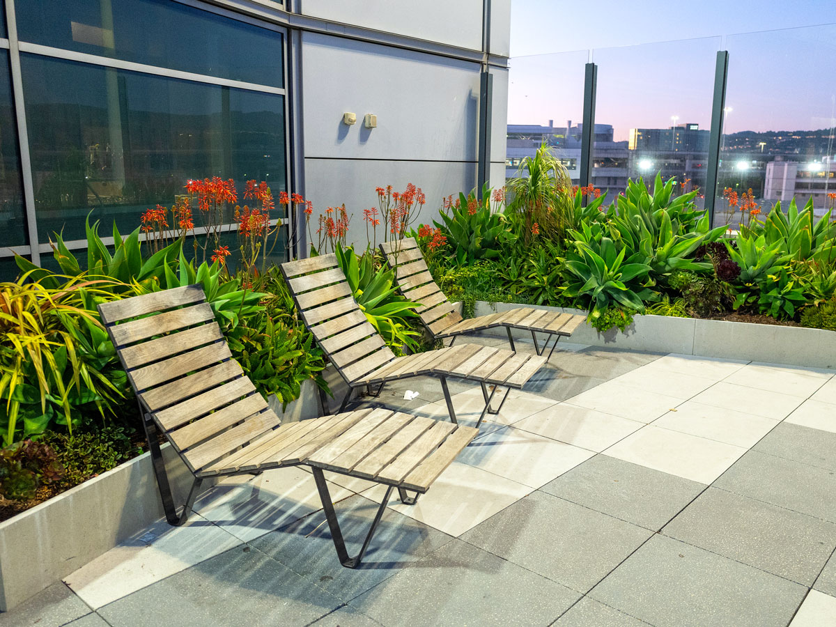Lounge chairs on outdoor deck at San Francisco International Airport