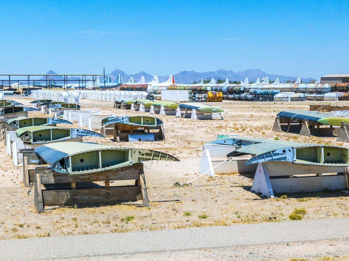 Wing parts stored at the Davis-Monthan Air Force Base boneyard in Tucson, Arizona 