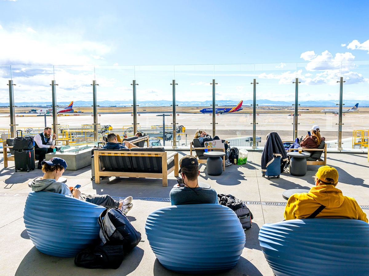 Outdoor terrace with view of airfield at Denver International Airport