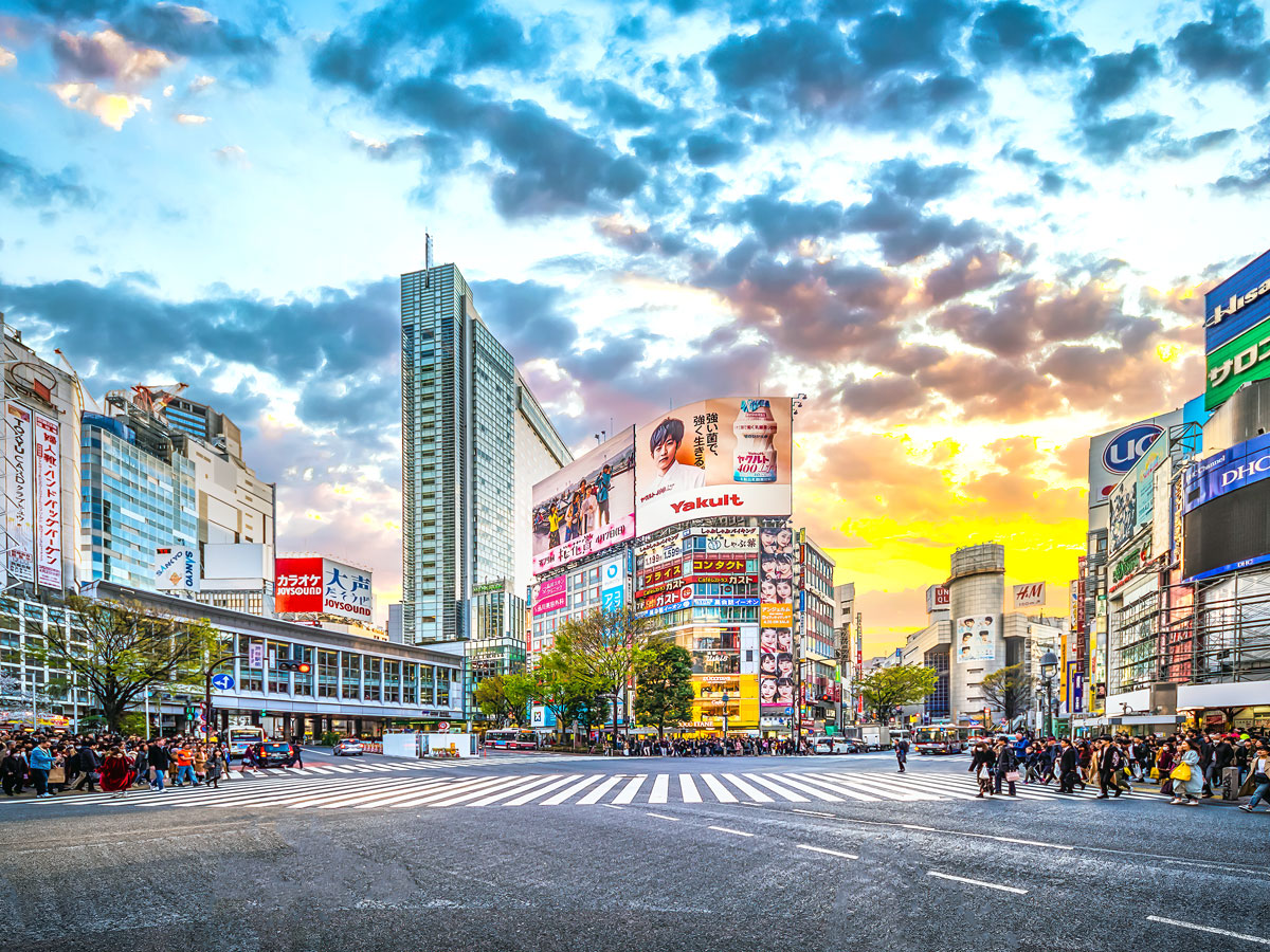 Sunset over Shibuya Crossing in Tokyo, Japan