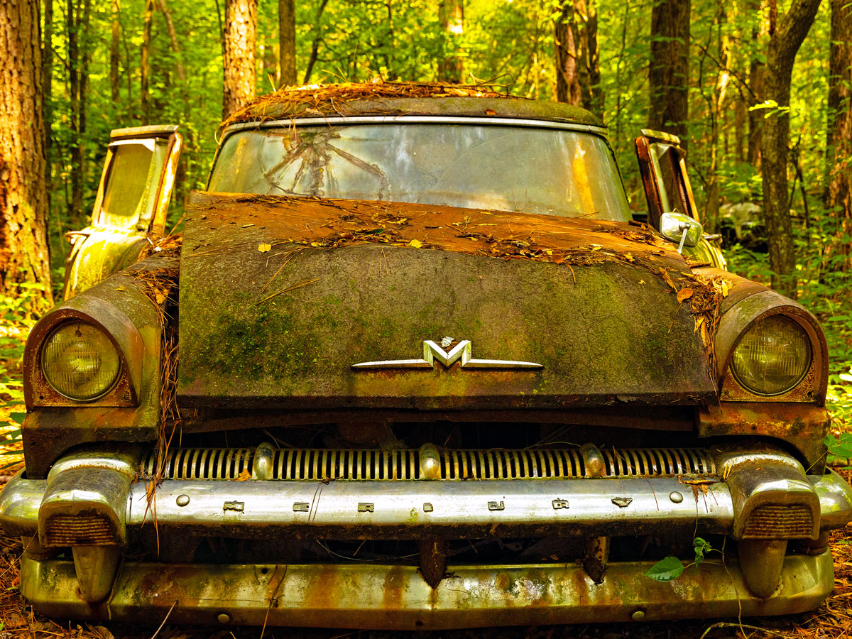 Abandoned car in forest at Old Car City USA in Georgia