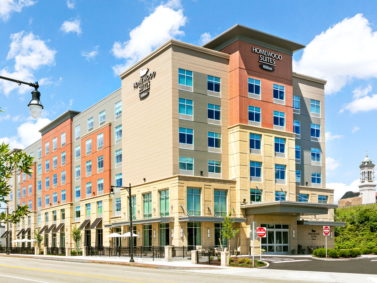 Exterior of a Homewood Suites hotel
