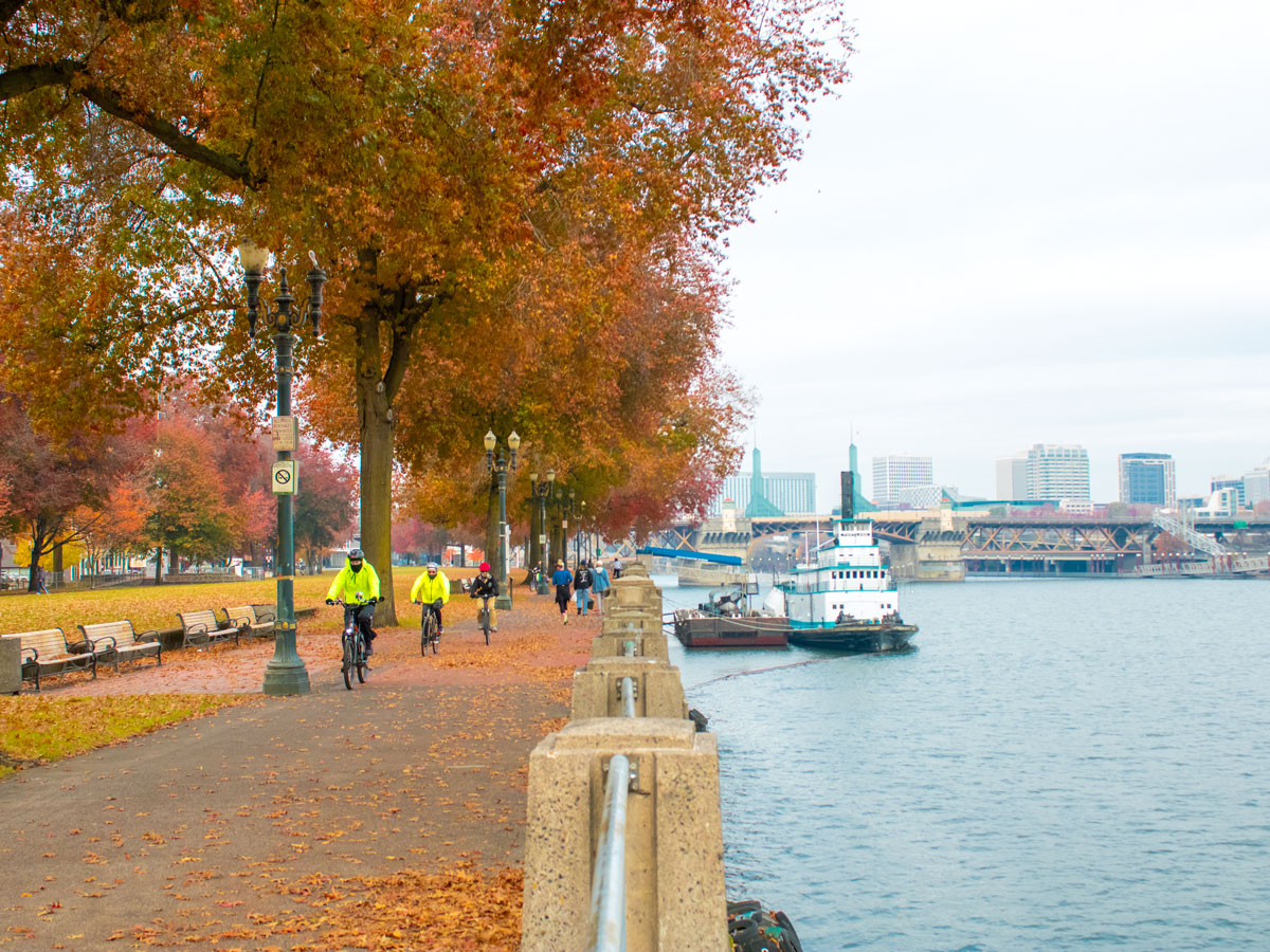Bikers on Portland waterfront on cloudy day