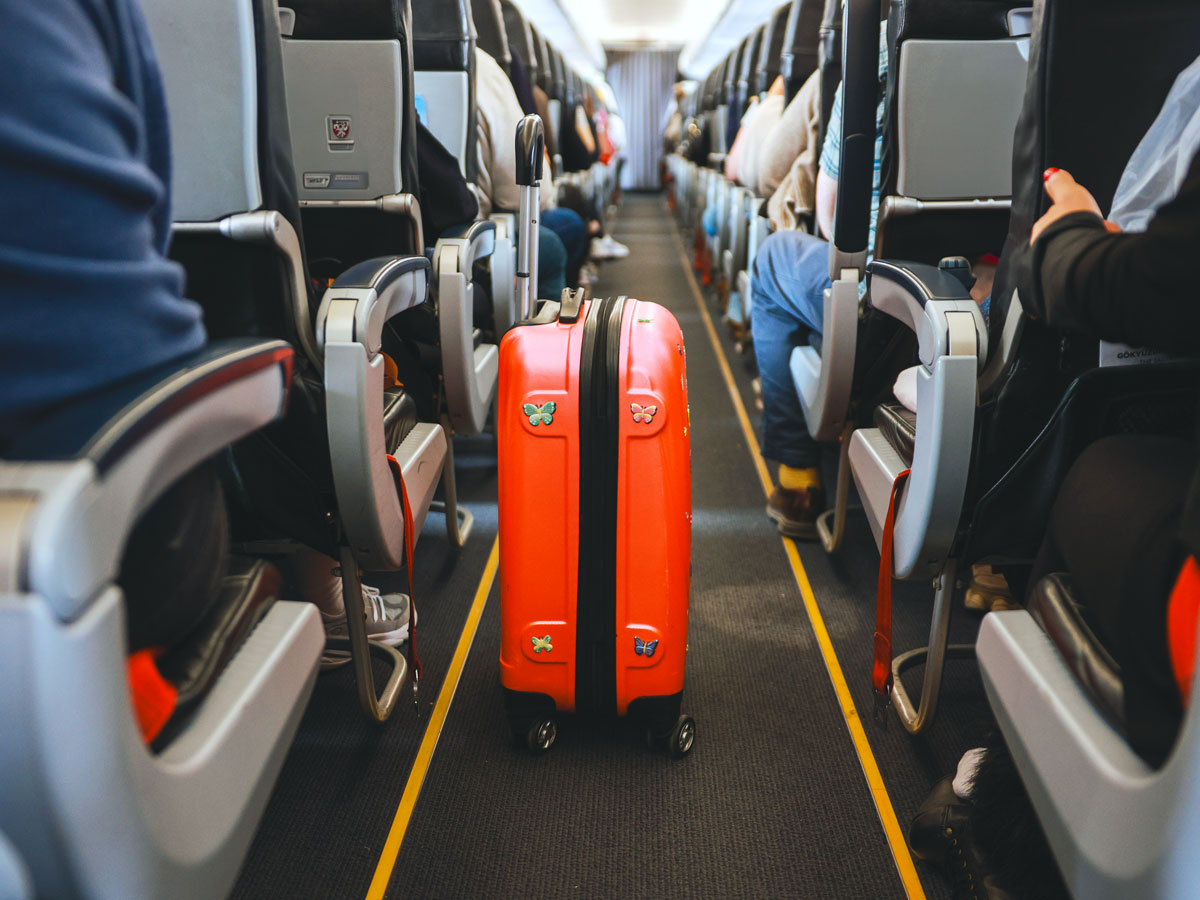 Suitcase in train aisle