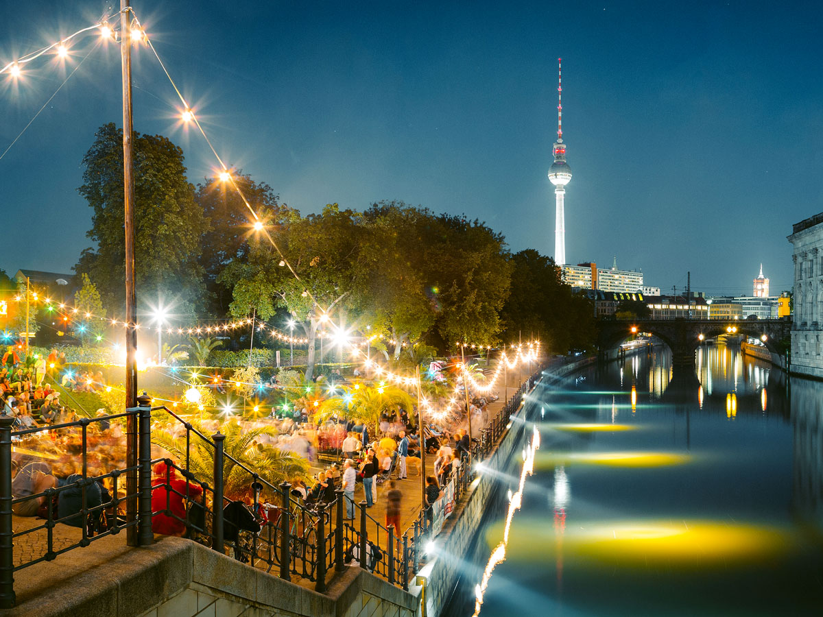Beer garden in Berlin at night