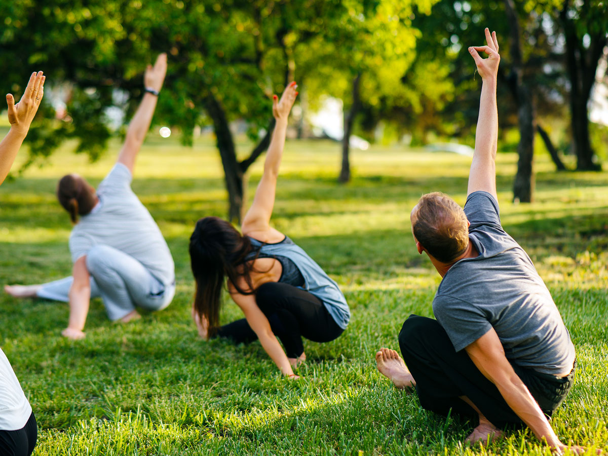 People practicing yoga in park