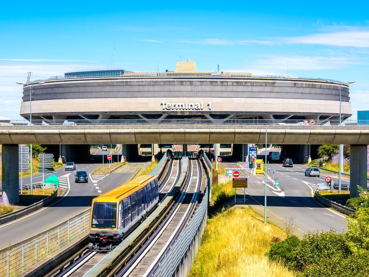 Tram and roadway to Terminal 1 at Paris Charles de Gaulle Airport
