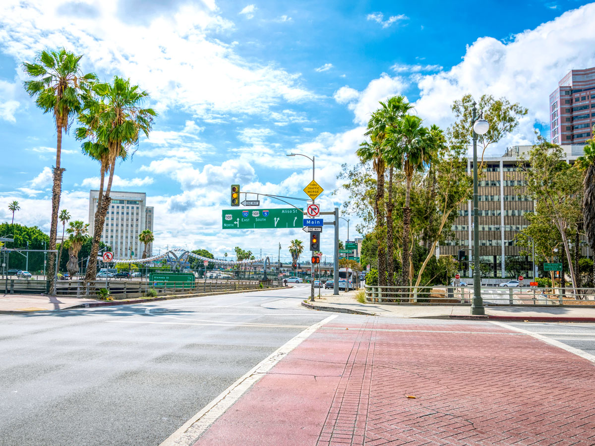 Empty street corner with palm trees in Los Angeles, California
