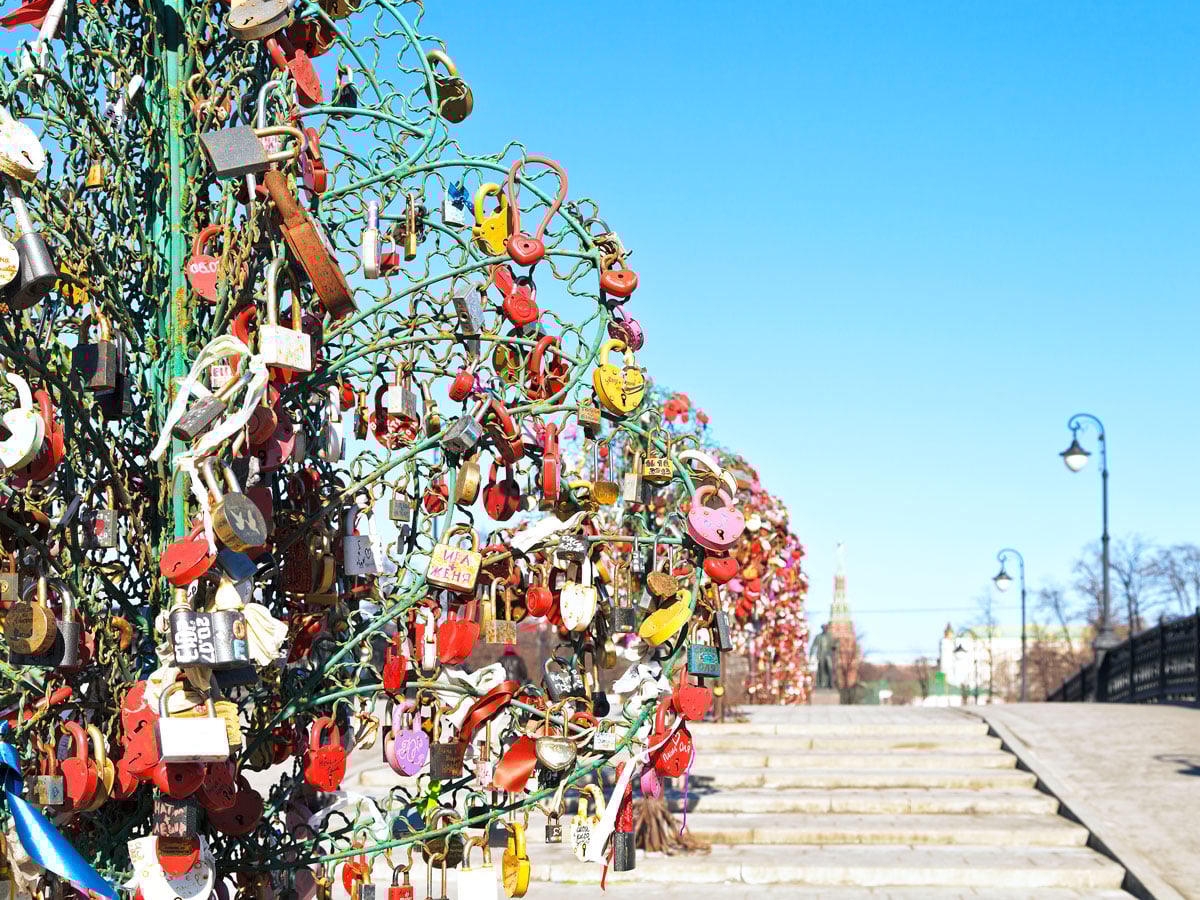 Steel "trees" covered in padlocks beside Luzhkoz Bridge in Moscow, Russia