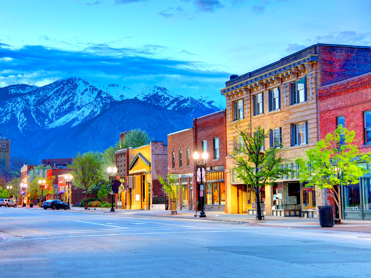 Historic 25th Street with view of mountains in Ogden, Utah