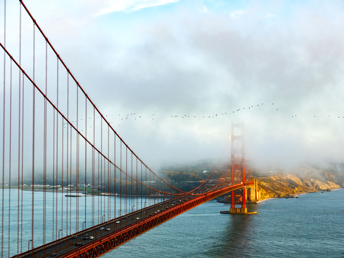 Fog partially obscuring the Golden Gate Bridge in San Francisco, California