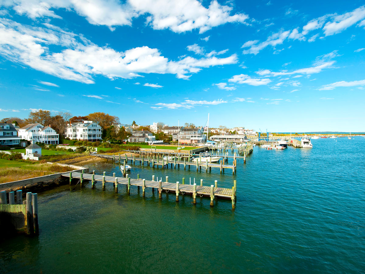 Aerial view of waterfront homes in Edgartown, Massachusetts