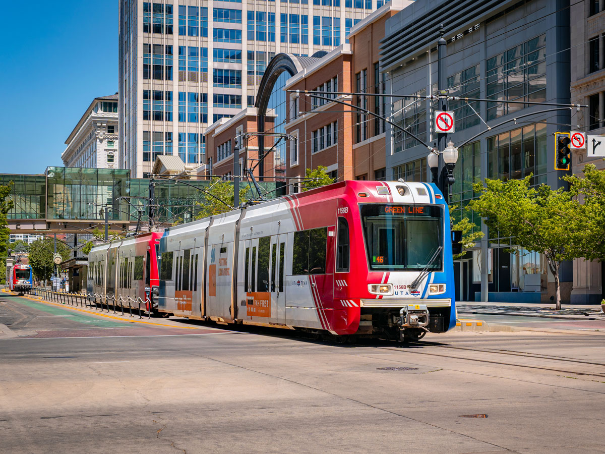TRAX light rail in downtown Salt Lake City, Utah