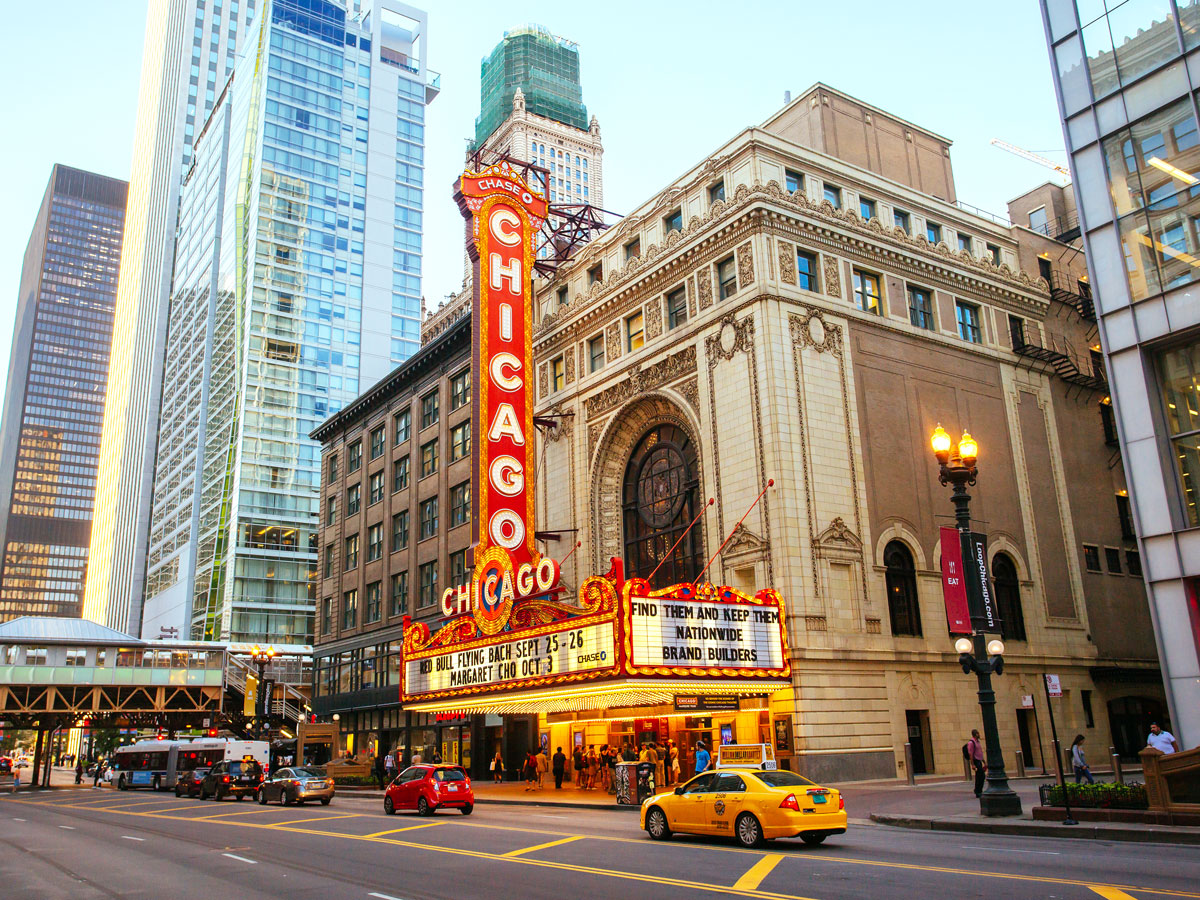 Marquee for Chicago Theatre in downtown Chicago, Illinois