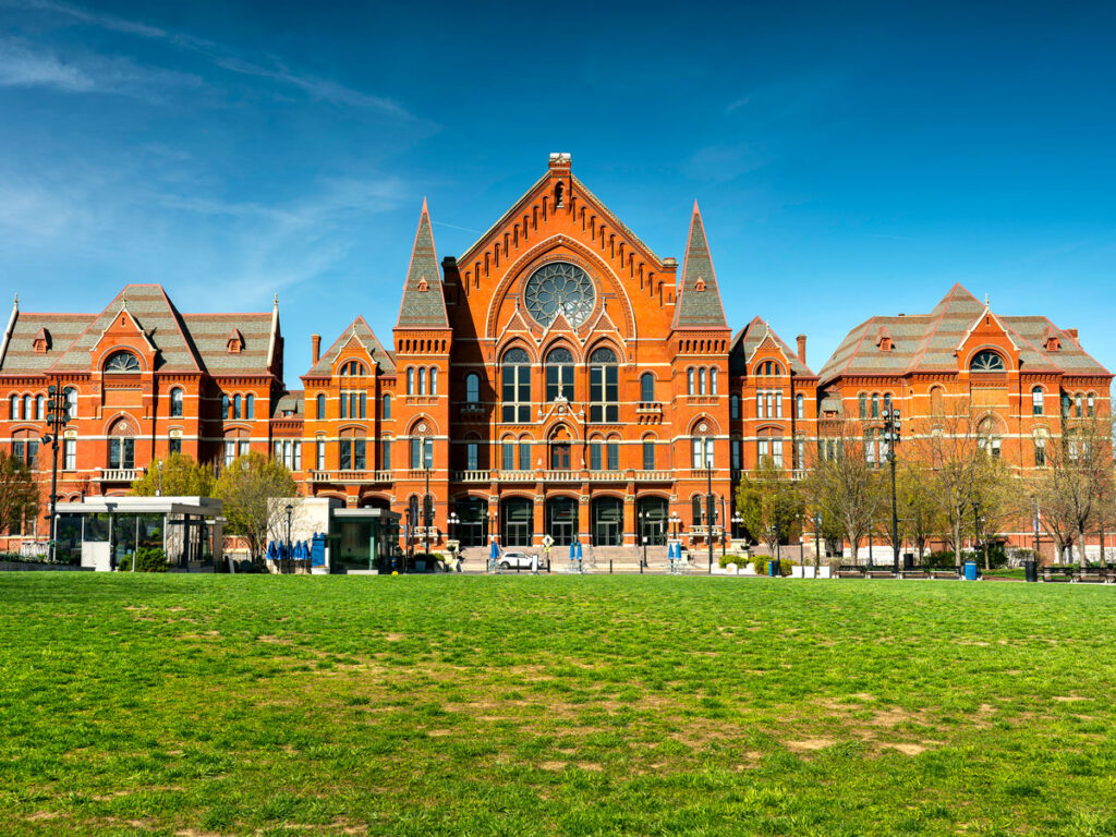 Grassy field in front of Cincinnati Music Hall