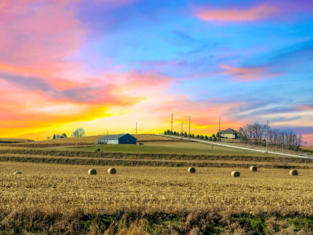 Sunset over farm in Iowa