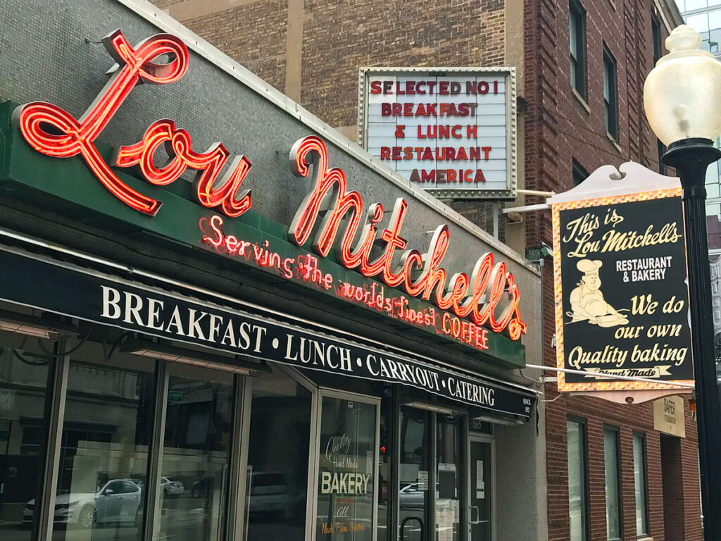 Exterior signage for Lou Mitchell's in Chicago, Illinois