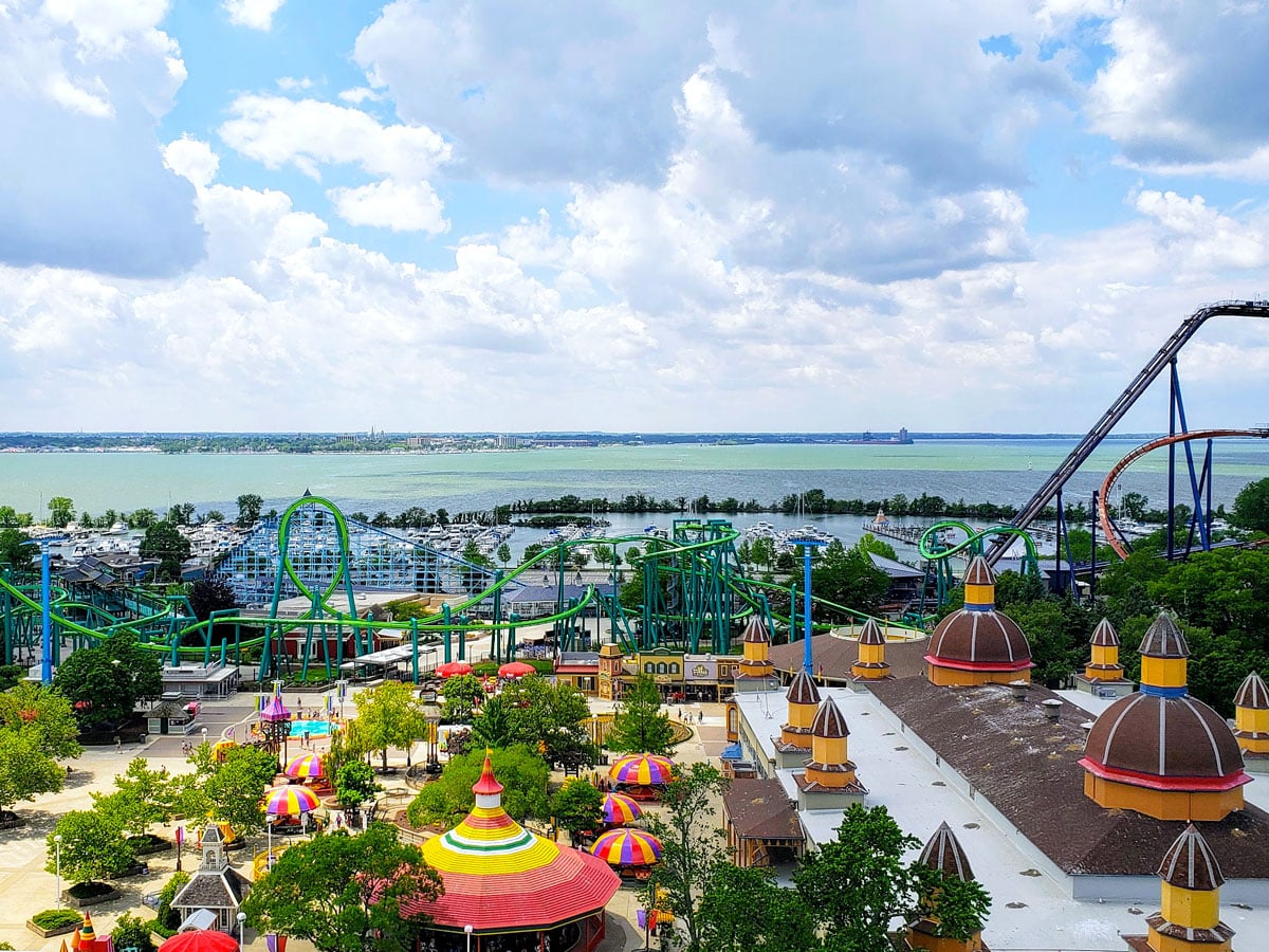 Aerial view of roller coasters at Cedar Point