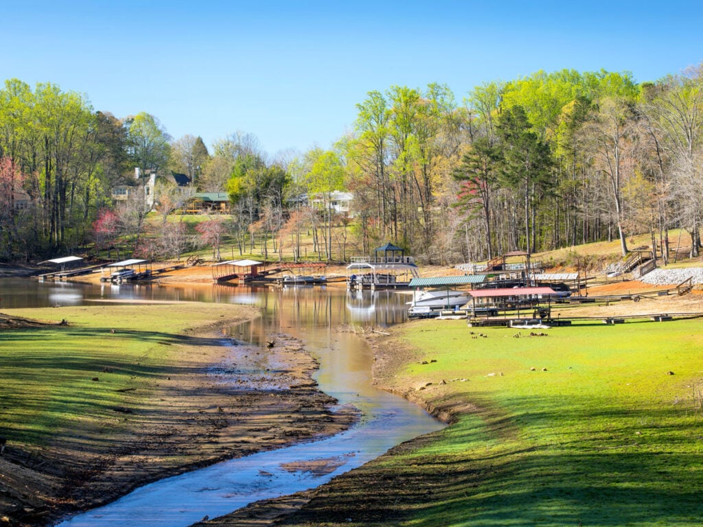 Lake with docked boats in Gainesville, Georgia