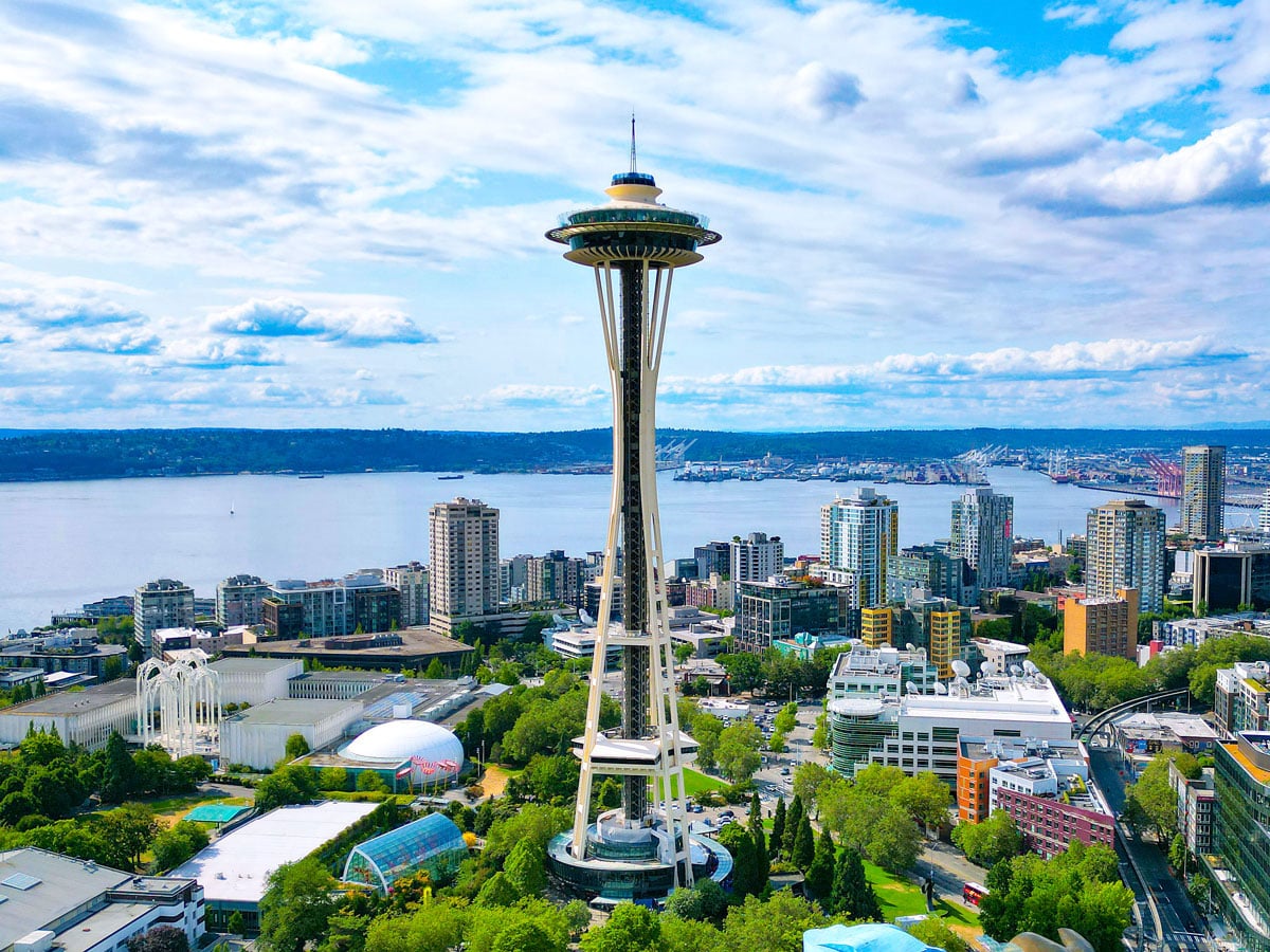The Space Needle towering above Seattle skyline