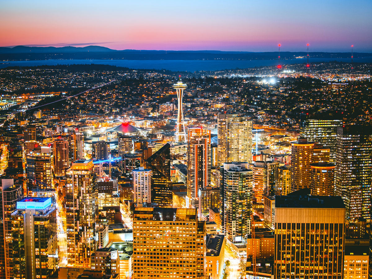 Aerial view of Seattle skyline at night