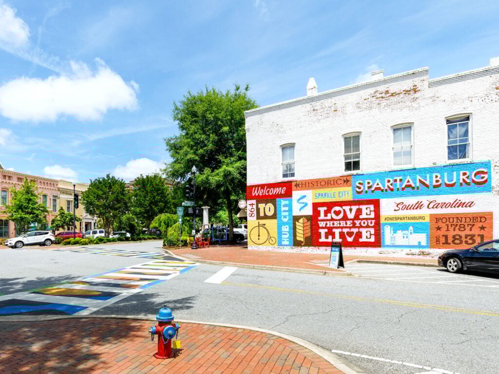 Colorful murals and painted sidewalk in Spartanburg, South Carolina